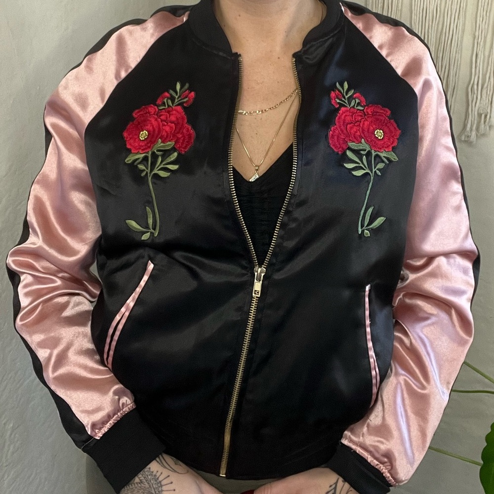 Floral Embroidered Black and Pink Bomber Jacket